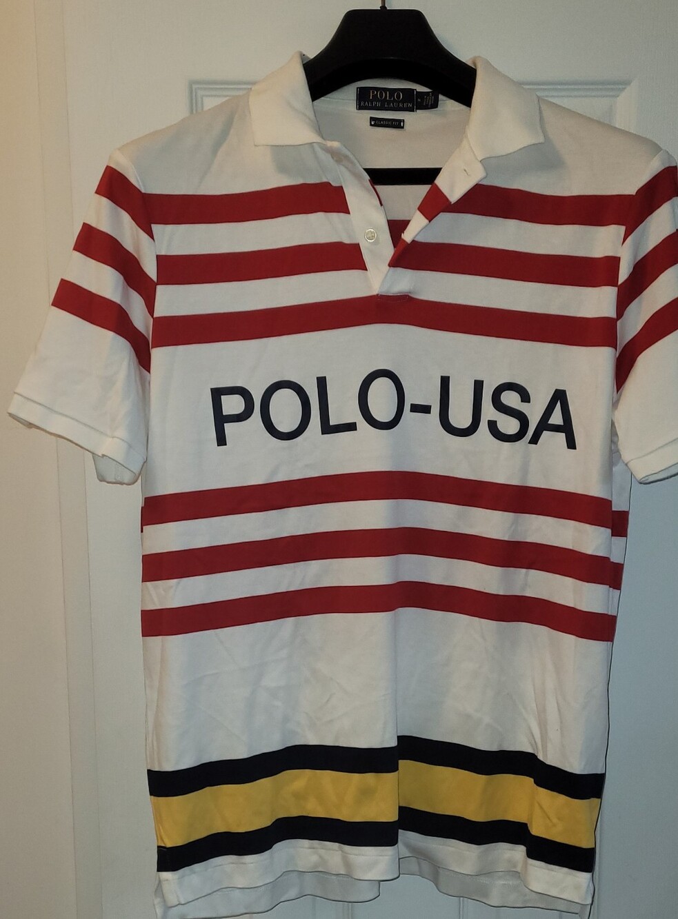Striped Polo Shirt in White, Red & Yellow Size M